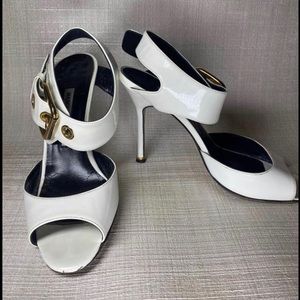 Manolo Blahnik gold buckle pumps